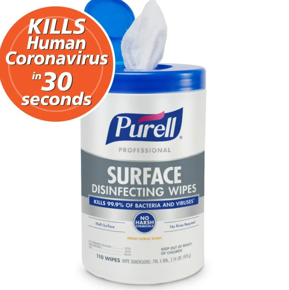 PURELL Professional Surface Disinfecting Wipes, Citrus Scent, 110 Count Canister, 7"x 8" Wipes, Pack of 6 Canisters