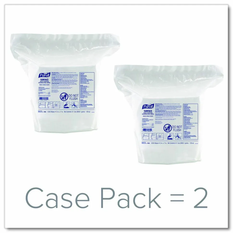 PURELL Surface Multi-Purpose Disinfecting Wipes, 1-Ply, 5 x 7, Fresh Citrus, White, 2/Carton