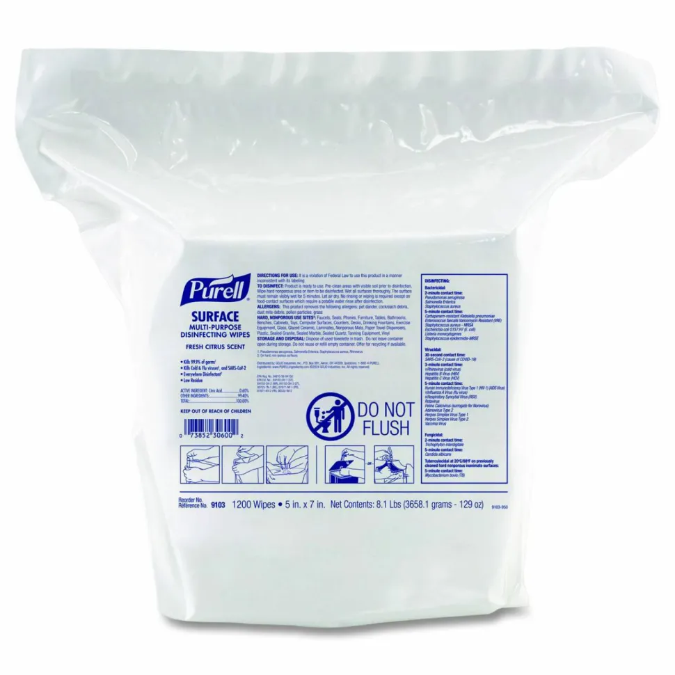 PURELL Surface Multi-Purpose Disinfecting Wipes, 1-Ply, 5 x 7, Fresh Citrus, White, 2/Carton
