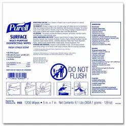 PURELL Surface Multi-Purpose Disinfecting Wipes, 1-Ply, 5 x 7, Fresh Citrus, White, 2/Carton