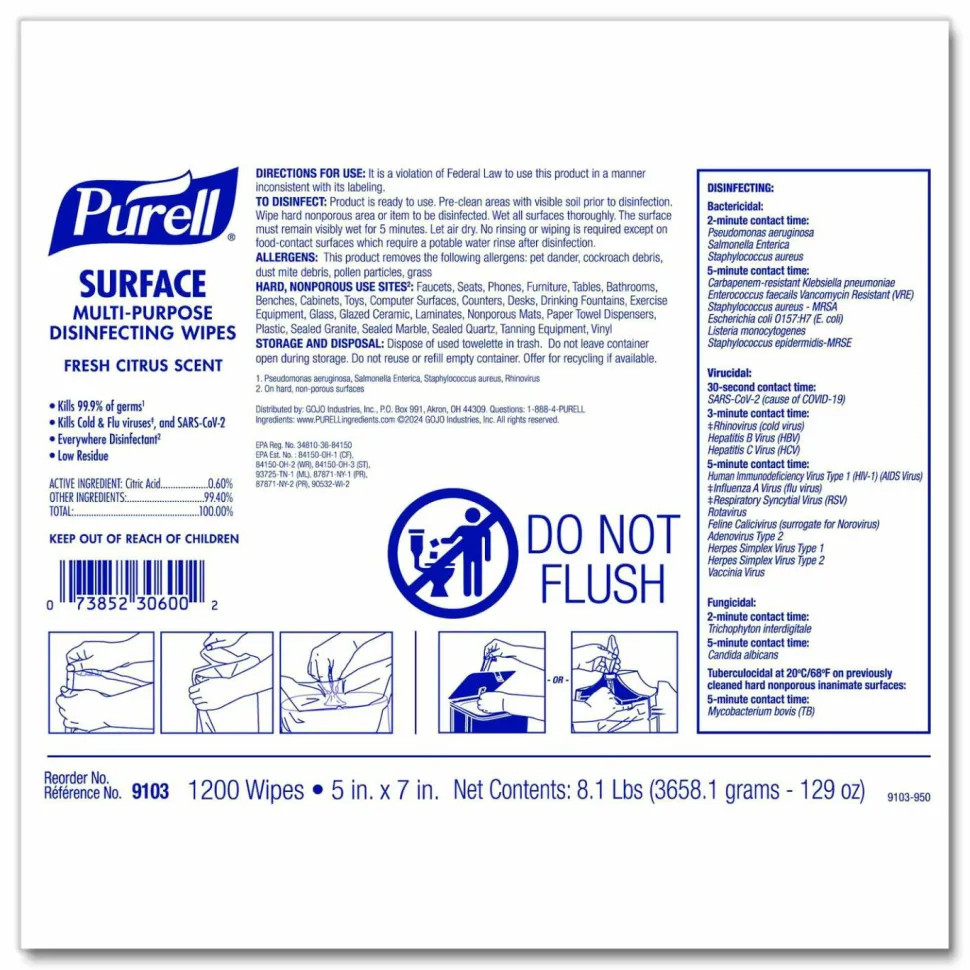 PURELL Surface Multi-Purpose Disinfecting Wipes, 1-Ply, 5 x 7, Fresh Citrus, White, 2/Carton