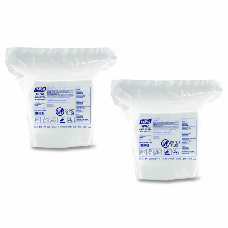 PURELL Surface Multi-Purpose Disinfecting Wipes, 1-Ply, 5 x 7, Fresh Citrus, White, 2/Carton