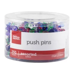 Push Pins, 9/10", Assorted Colors, Pack Of 250