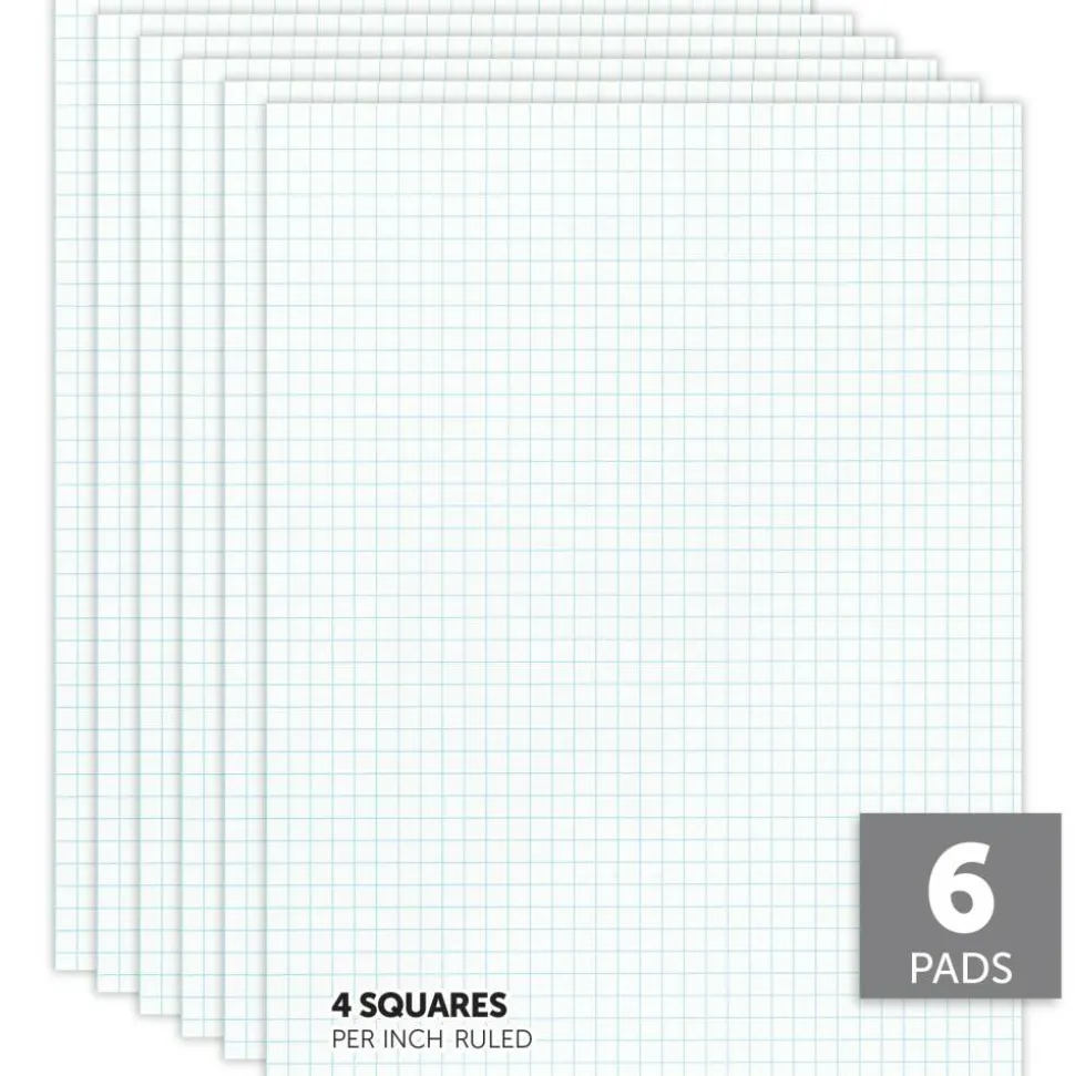Quadrille Pads, 4 x 4 Squares/Inch, 50 Sheets, White, Pack Of 6