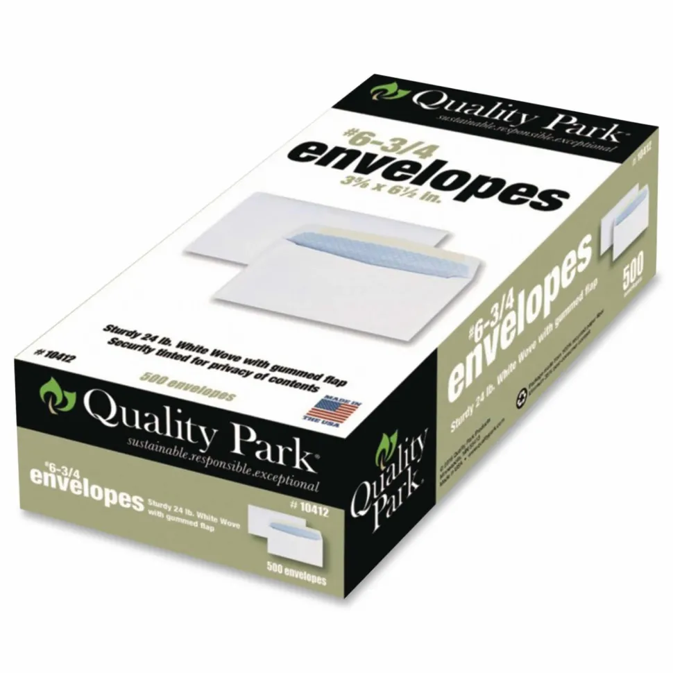 Quality Park #6 Business Envelopes, Security, Gummed Seal, White, Box Of 500