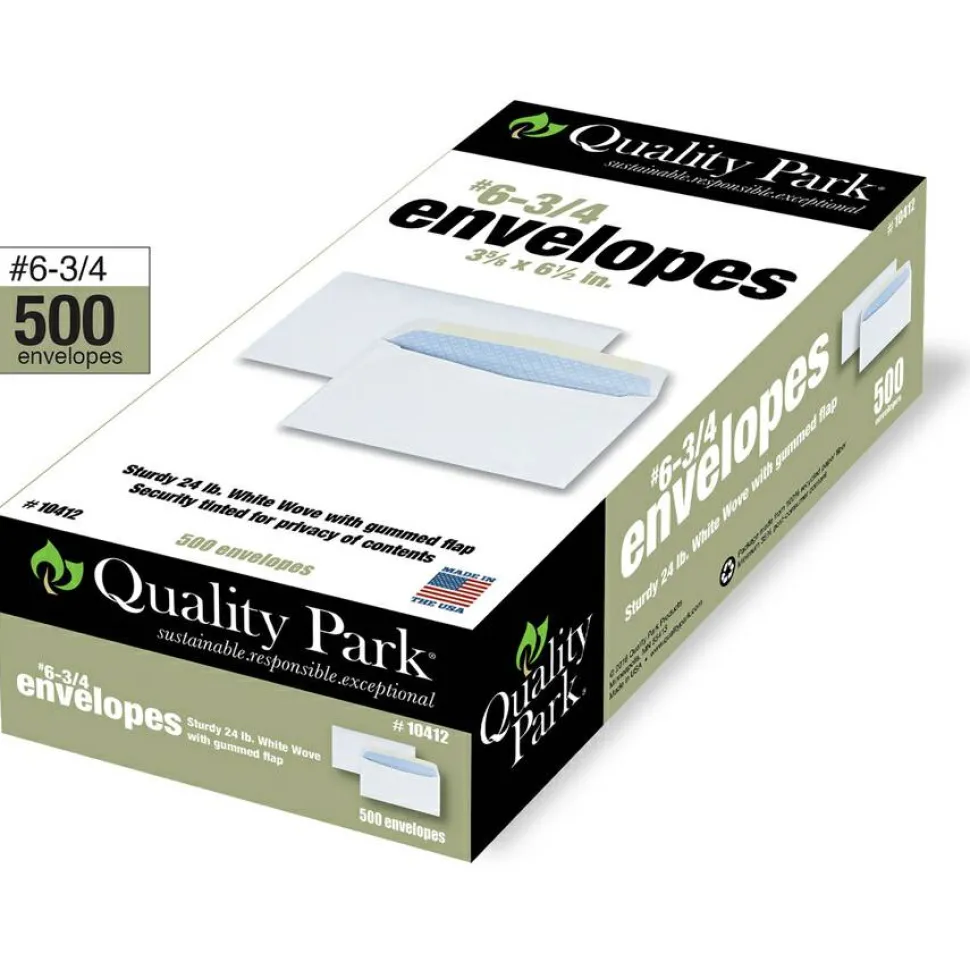 Quality Park #6 Business Envelopes, Security, Gummed Seal, White, Box Of 500