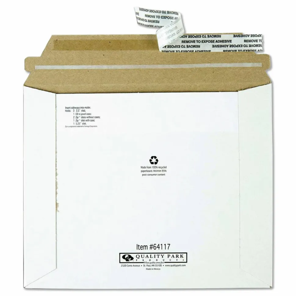 Quality Park Economy Disk/CD Mailers - Disc/Diskette - 7 1/2" Width x 6 1/8" Length - Self-sealing - Paperboard - 100 / Carton - White