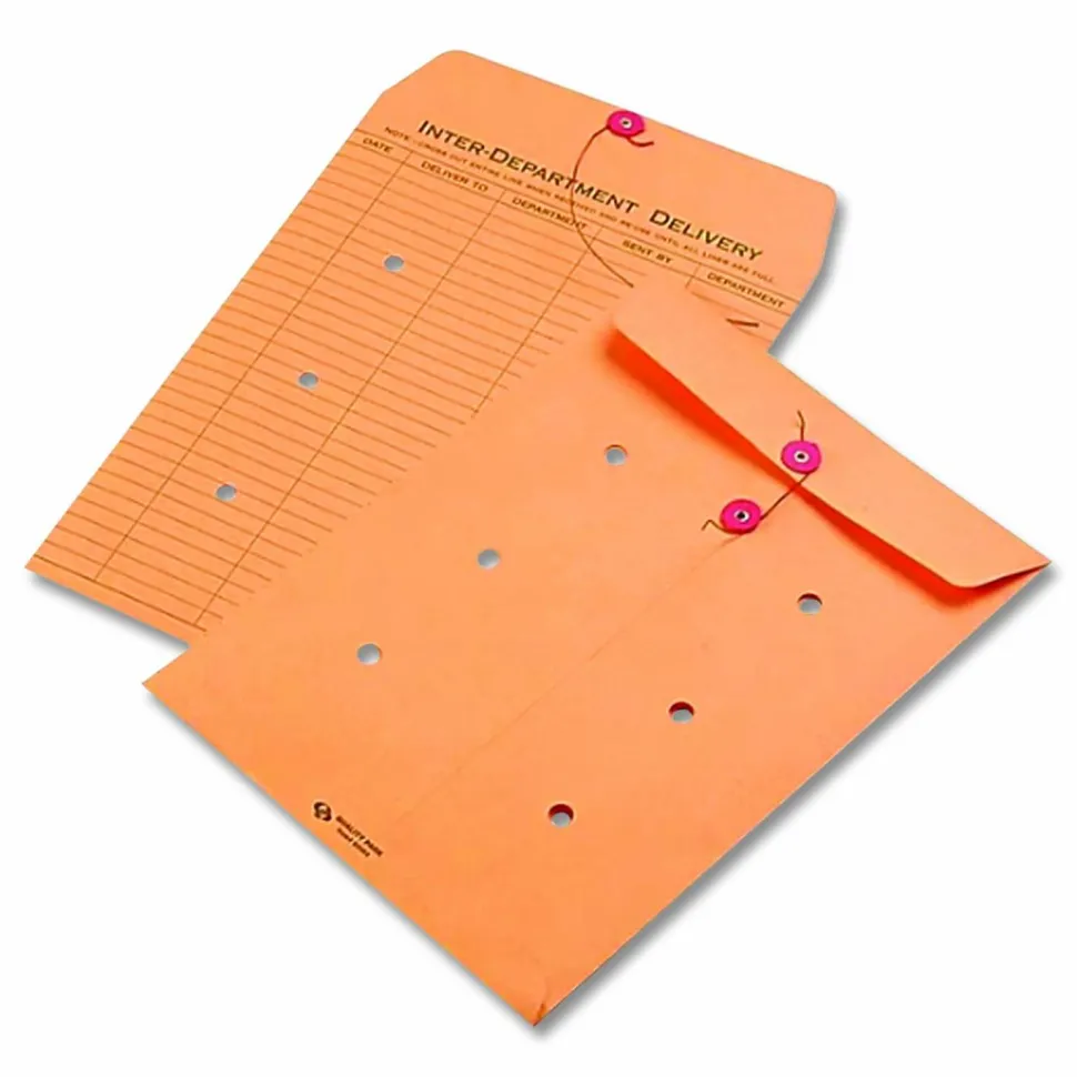 Quality Park Interdepartment String & Button Closure Envelopes, 9" x 12", 1-Sided Narrow Rule, Brown, Box Of 100