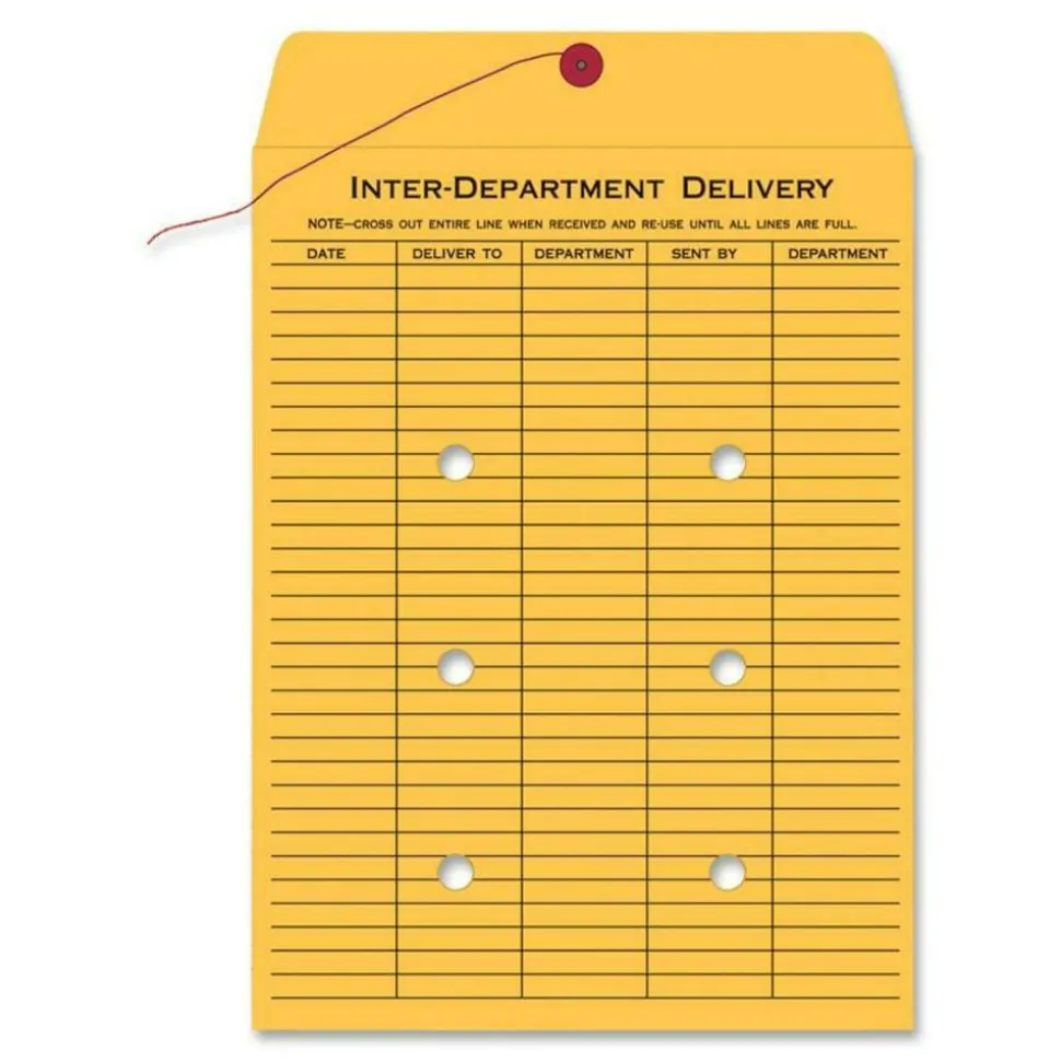 Quality Park Interdepartment String & Button Closure Envelopes, 9" x 12", 1-Sided Narrow Rule, Brown, Box Of 100