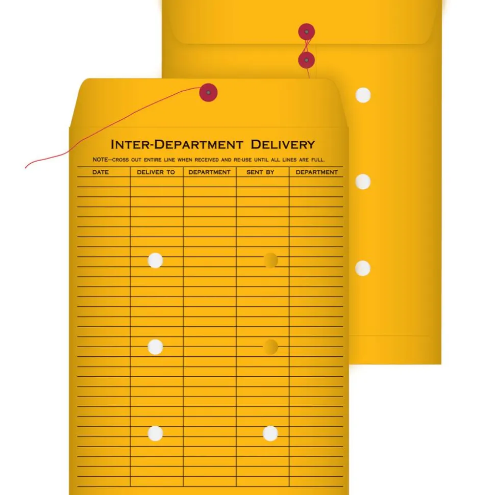 Quality Park Interdepartment String & Button Closure Envelopes, 9" x 12", 1-Sided Narrow Rule, Brown, Box Of 100