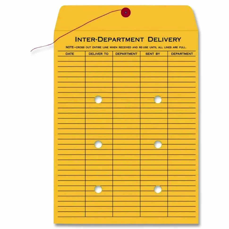 Quality Park Interdepartment String & Button Closure Envelopes, 9" x 12", 1-Sided Narrow Rule, Brown, Box Of 100