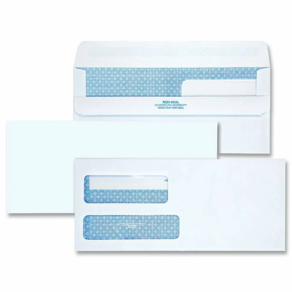 Quality Park No. 9 Double Window Security Tint Envelopes with Self-Seal Closure - Security - #9 - 3 7/8"x 8 7/8" - 24 lb - Adhesive - 250 Box - White