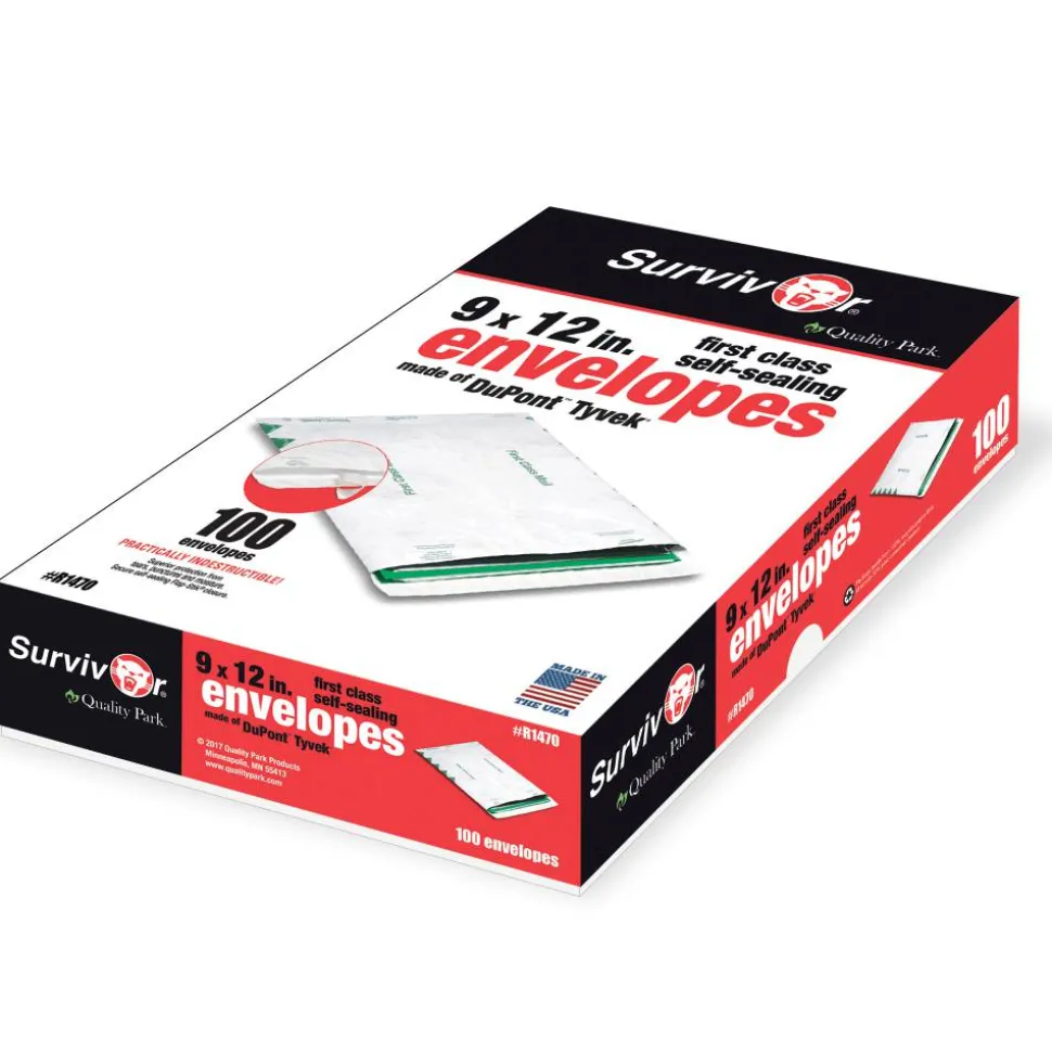 Quality Park Tyvek 9" x 12" Envelopes, Self-Adhesive, First Class, White, Box Of 100
