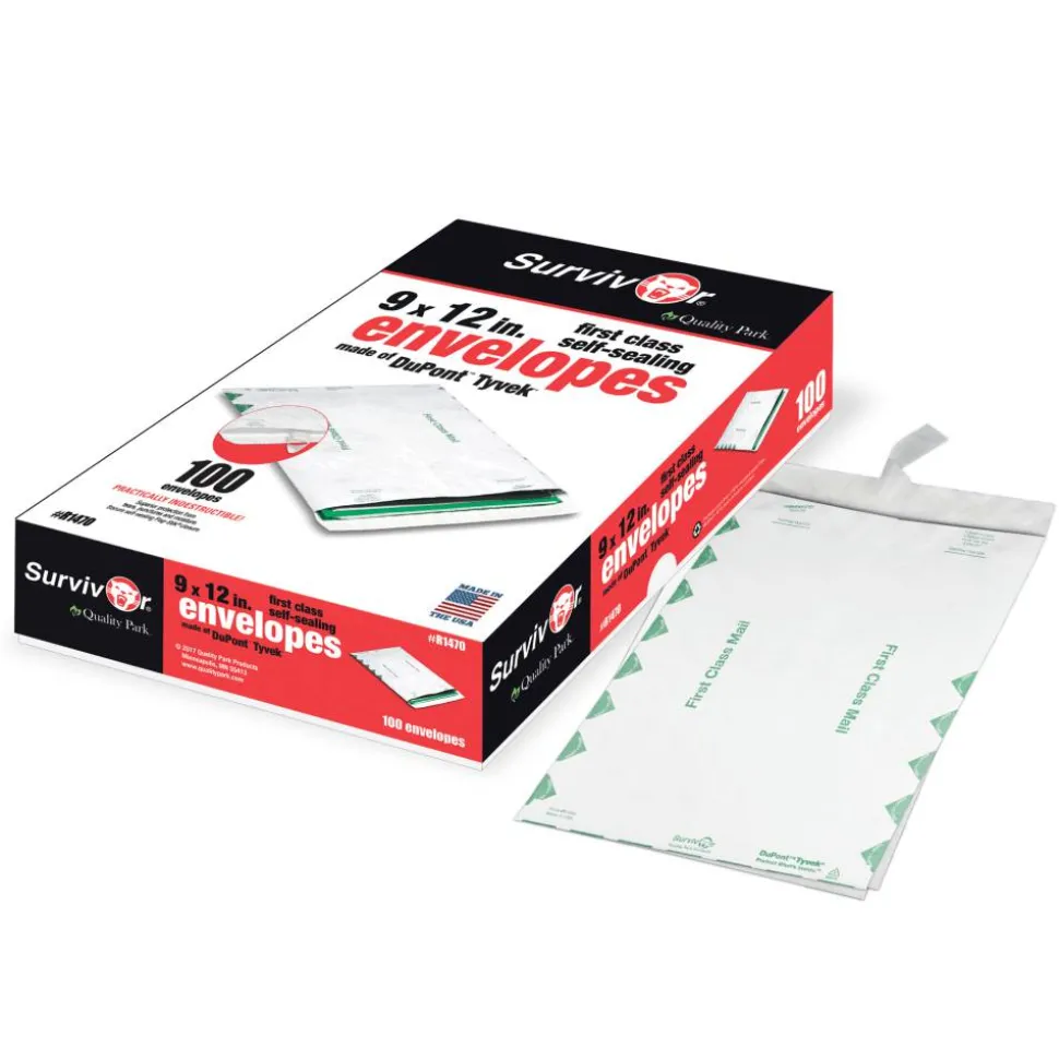Quality Park Tyvek 9" x 12" Envelopes, Self-Adhesive, First Class, White, Box Of 100