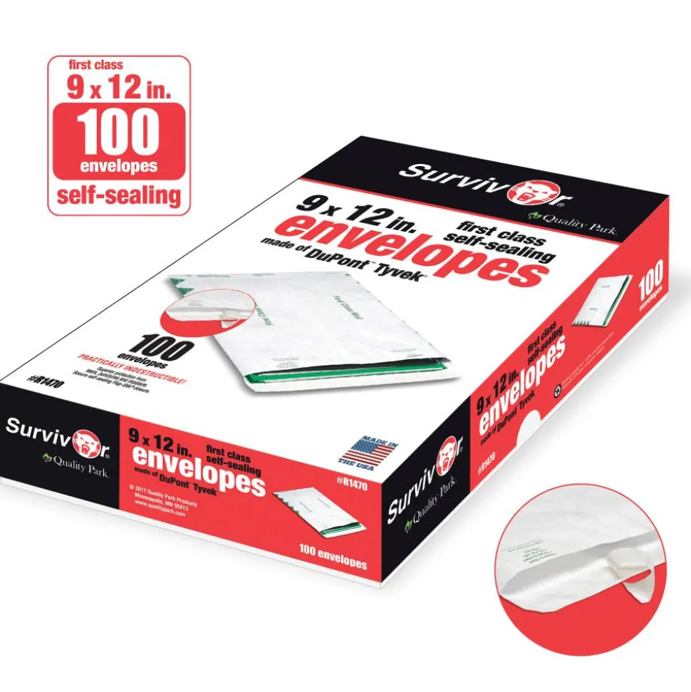 Quality Park Tyvek 9" x 12" Envelopes, Self-Adhesive, First Class, White, Box Of 100