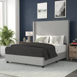 Quinn Full Upholstered Platform Bed with Channel Stitched Wingback Headboard, Mattress Foundation with Slatted Supports, No Box Spring Needed, Gray
