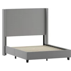 Quinn Full Upholstered Platform Bed with Channel Stitched Wingback Headboard, Mattress Foundation with Slatted Supports, No Box Spring Needed, Gray