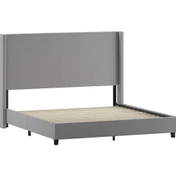 Quinn King Upholstered Platform Bed with Channel Stitched Wingback Headboard, Mattress Foundation with Slatted Supports, No Box Spring Needed, Gray