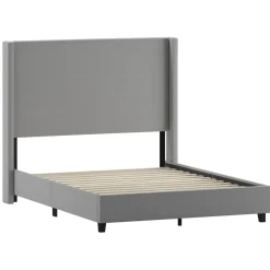 Quinn Queen Upholstered Platform Bed with Channel Stitched Wingback Headboard, Mattress Foundation with Slatted Supports, No Box Spring Needed, Gray