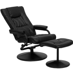 Rachel Contemporary Multi-Position Recliner and Ottoman with Wrapped Base in Black LeatherSoft
