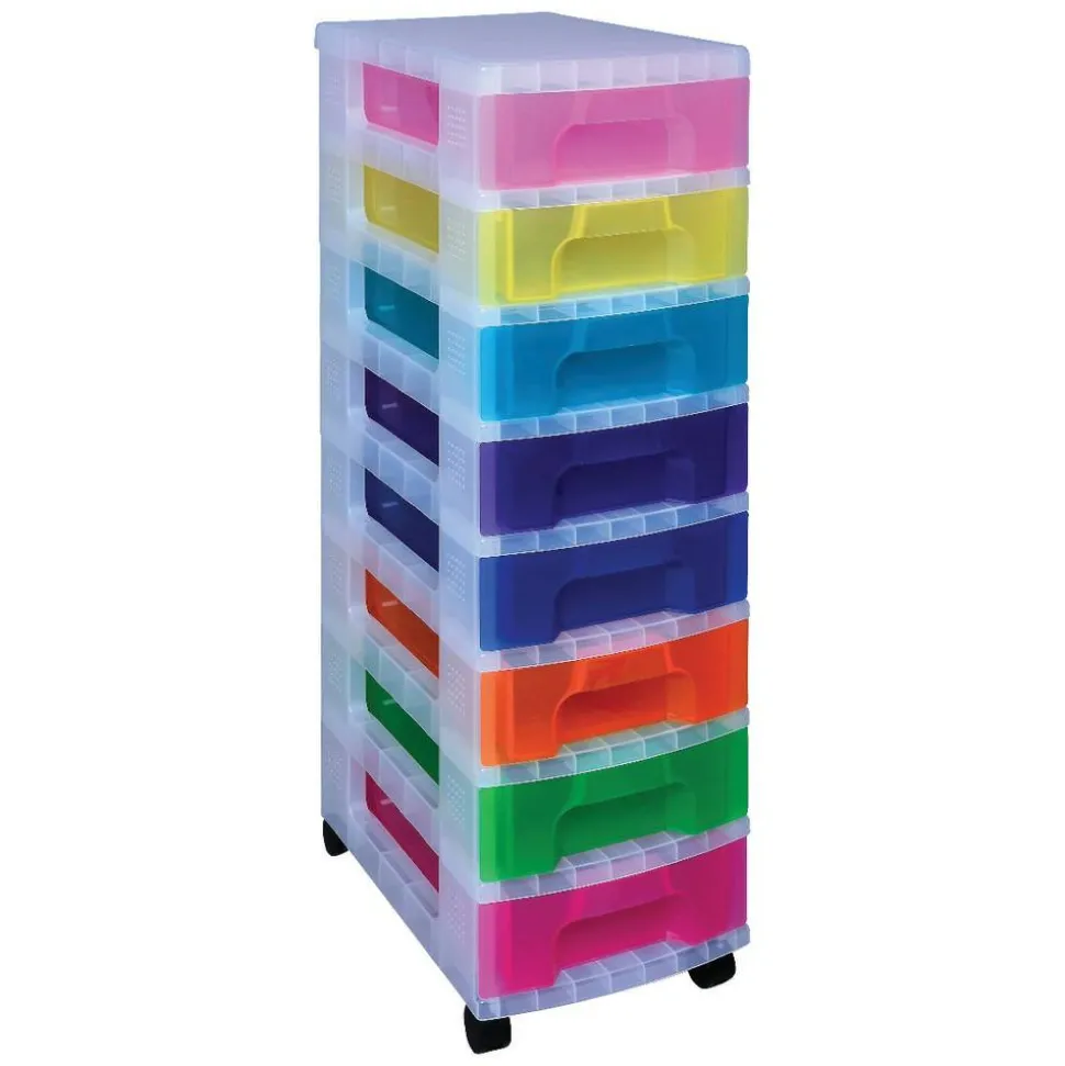 Really Useful Box Plastic 8-Drawer Storage Tower, 7 Liters, 36 1/2" x 15 3/4" x 12", Clear/Rainbow