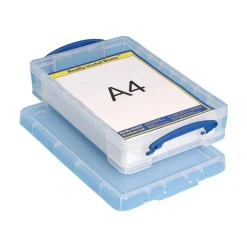 Really Useful Box Plastic Storage Container With Built-In Handles And Snap Lid, 4 Liters, 14 5/8" x 10 1/4" x 3 3/8", Clear