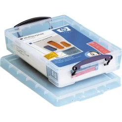 Really Useful Box Plastic Storage Container With Built-In Handles And Snap Lid, 4 Liters, 14 5/8" x 10 1/4" x 3 3/8", Clear