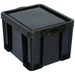 Really Useful Box Plastic Storage Container With Built-In Handles And Snap Lid, 32 Liters, 95% Recycled, 19" x 14" x 12", Black