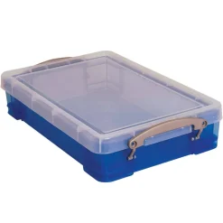 Really Useful Box Plastic Storage Container With Built-In Handles And Snap Lid, 4 Liters, 14 1/2" x 10 1/4" x 3 1/4", Transparent Blue