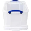 Really Useful Box Plastic Storage Container With Built-In Handles And Snap Lid, 32 Liters, 19" x 14" x 12", Clear