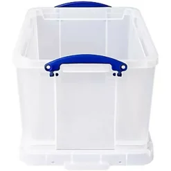 Really Useful Box Plastic Storage Container With Built-In Handles And Snap Lid, 32 Liters, 19" x 14" x 12", Clear