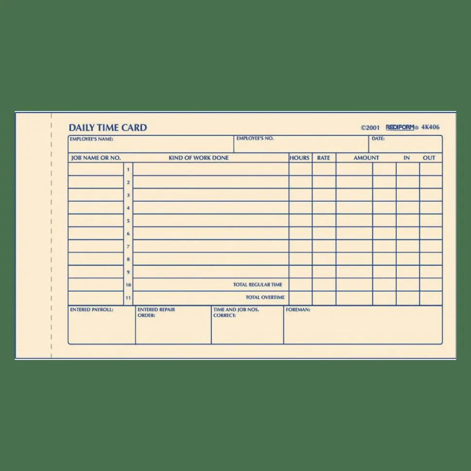 Rediform Daily Time Clock Card Pads, For Daily Time/2-Page, 4.25" x 7", Manila, 100 Pages