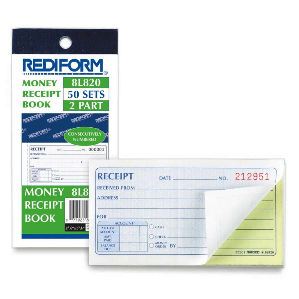 Rediform Money Receipt 2/Part Collection Forms - 50 Sheet(s) - 2 PartCarbonless Copy - 5"x2 3/4" Sheet Size - White, Yellow - Assorted Sheet(s)