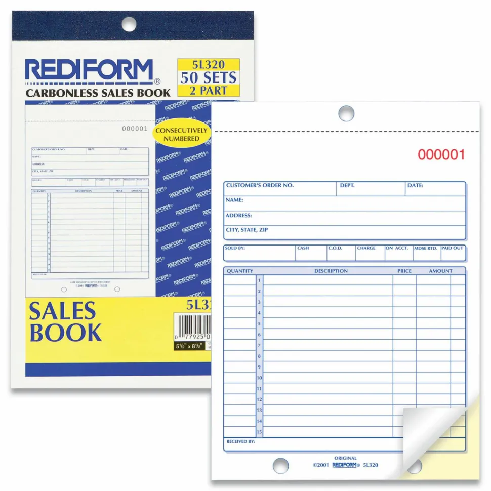 Rediform 2-Part Carbonless Sales Forms - 50 Sheet(s) - Stapled - 2 Part - Carbonless Copy - 5.50"x7.87" Sheet Size - 5L320