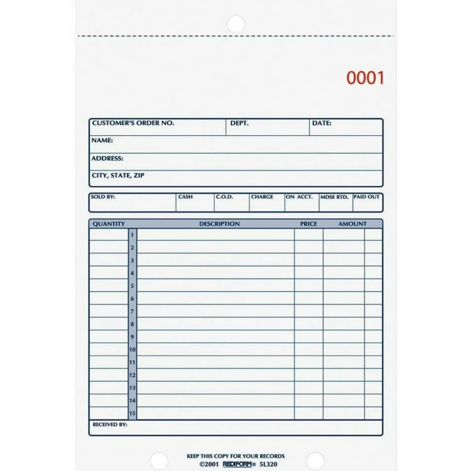 Rediform 2-Part Carbonless Sales Forms - 50 Sheet(s) - Stapled - 2 Part - Carbonless Copy - 5.50"x7.87" Sheet Size - 5L320