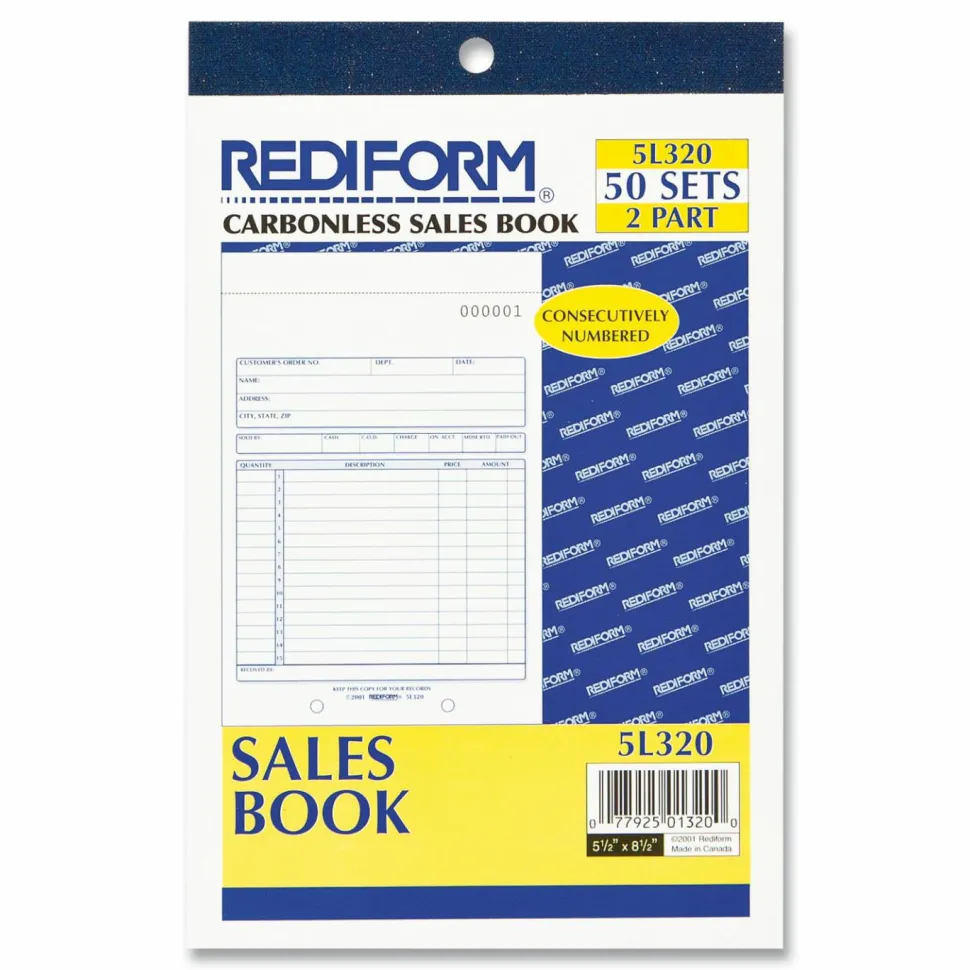 Rediform 2-Part Carbonless Sales Forms - 50 Sheet(s) - Stapled - 2 Part - Carbonless Copy - 5.50"x7.87" Sheet Size - 5L320