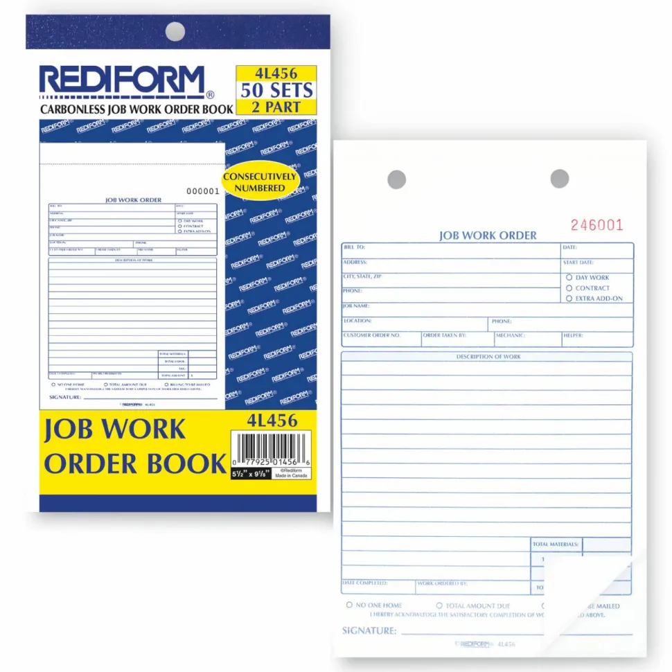 Rediform 2-Part Job Work Order Book, 2 Part, 5-1/2" x 8-1/2", 50 Sheets, Blue/Red