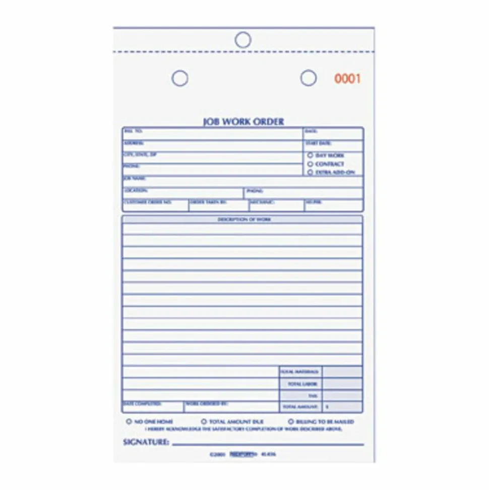 Rediform 2-Part Job Work Order Book, 2 Part, 5-1/2" x 8-1/2", 50 Sheets, Blue/Red