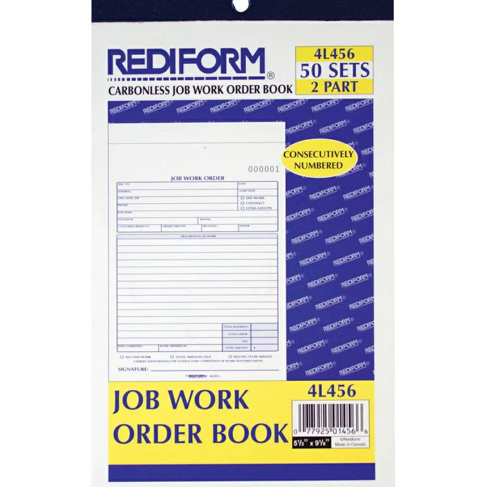 Rediform 2-Part Job Work Order Book, 2 Part, 5-1/2" x 8-1/2", 50 Sheets, Blue/Red