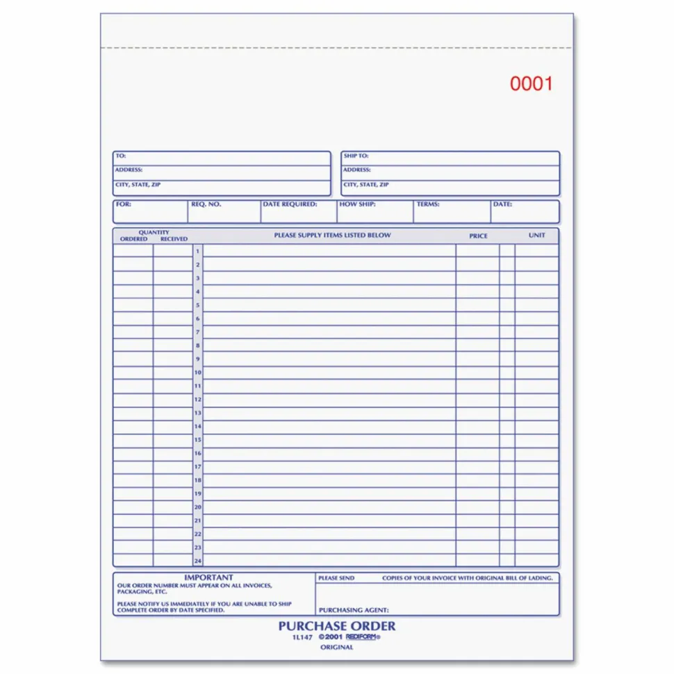 Rediform Purchase Order Book, 17 Lines, Three-Part Carbonless, 8.5 x 11, 50 Forms Total