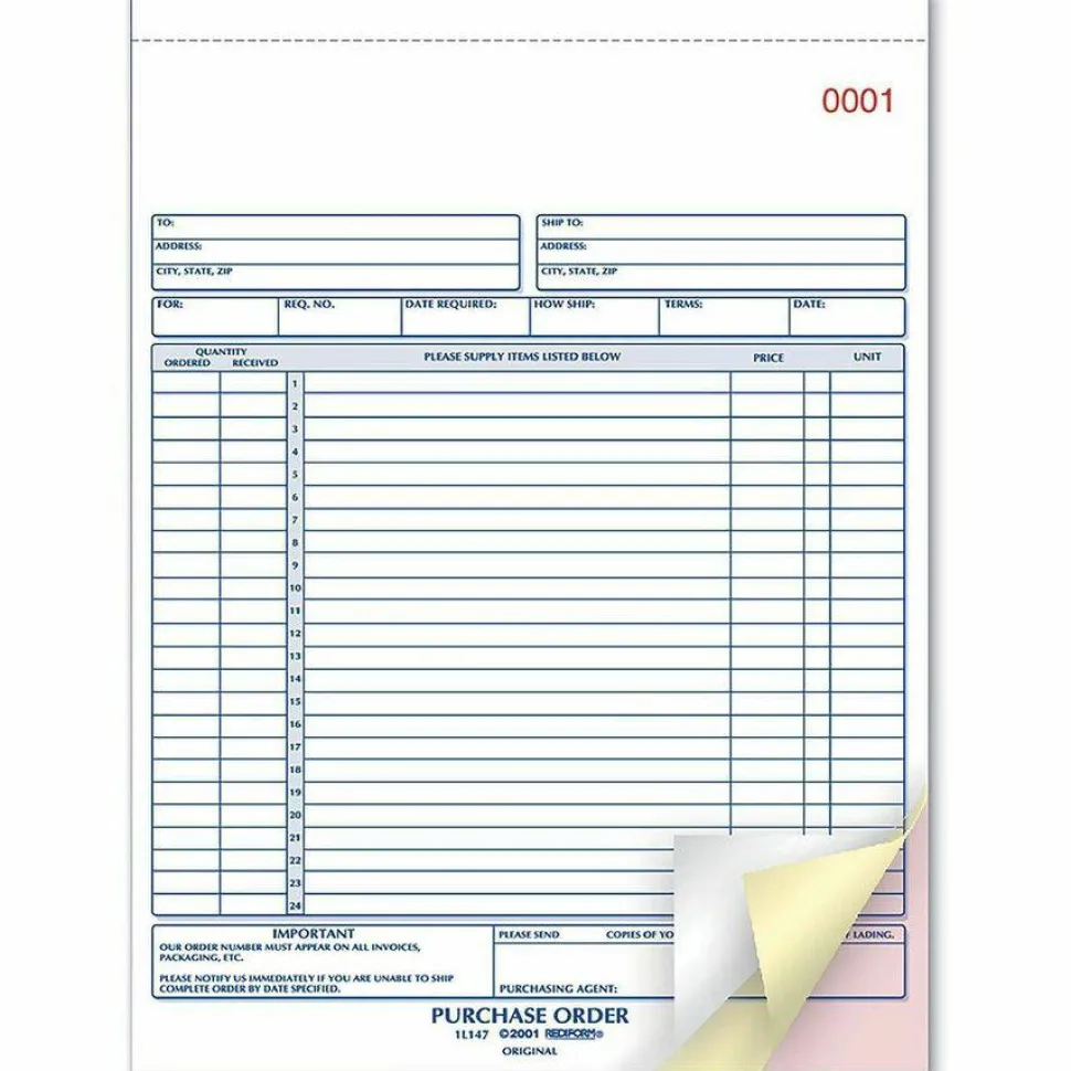 Rediform Purchase Order Book, 17 Lines, Three-Part Carbonless, 8.5 x 11, 50 Forms Total