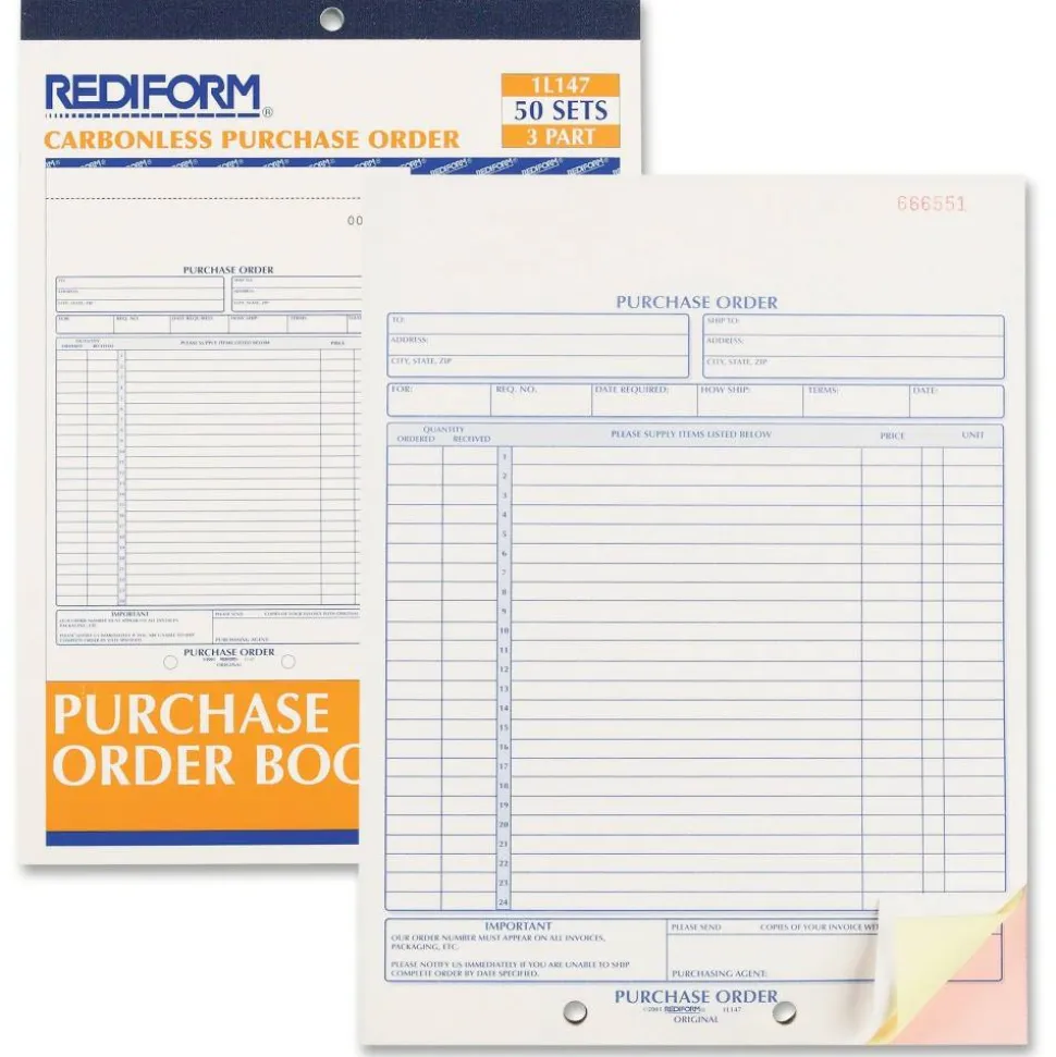 Rediform Purchase Order Book, 17 Lines, Three-Part Carbonless, 8.5 x 11, 50 Forms Total