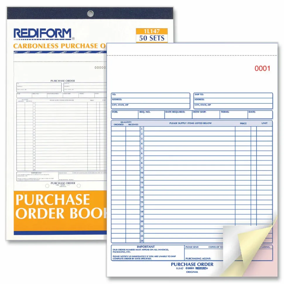 Rediform Purchase Order Book, 17 Lines, Three-Part Carbonless, 8.5 x 11, 50 Forms Total