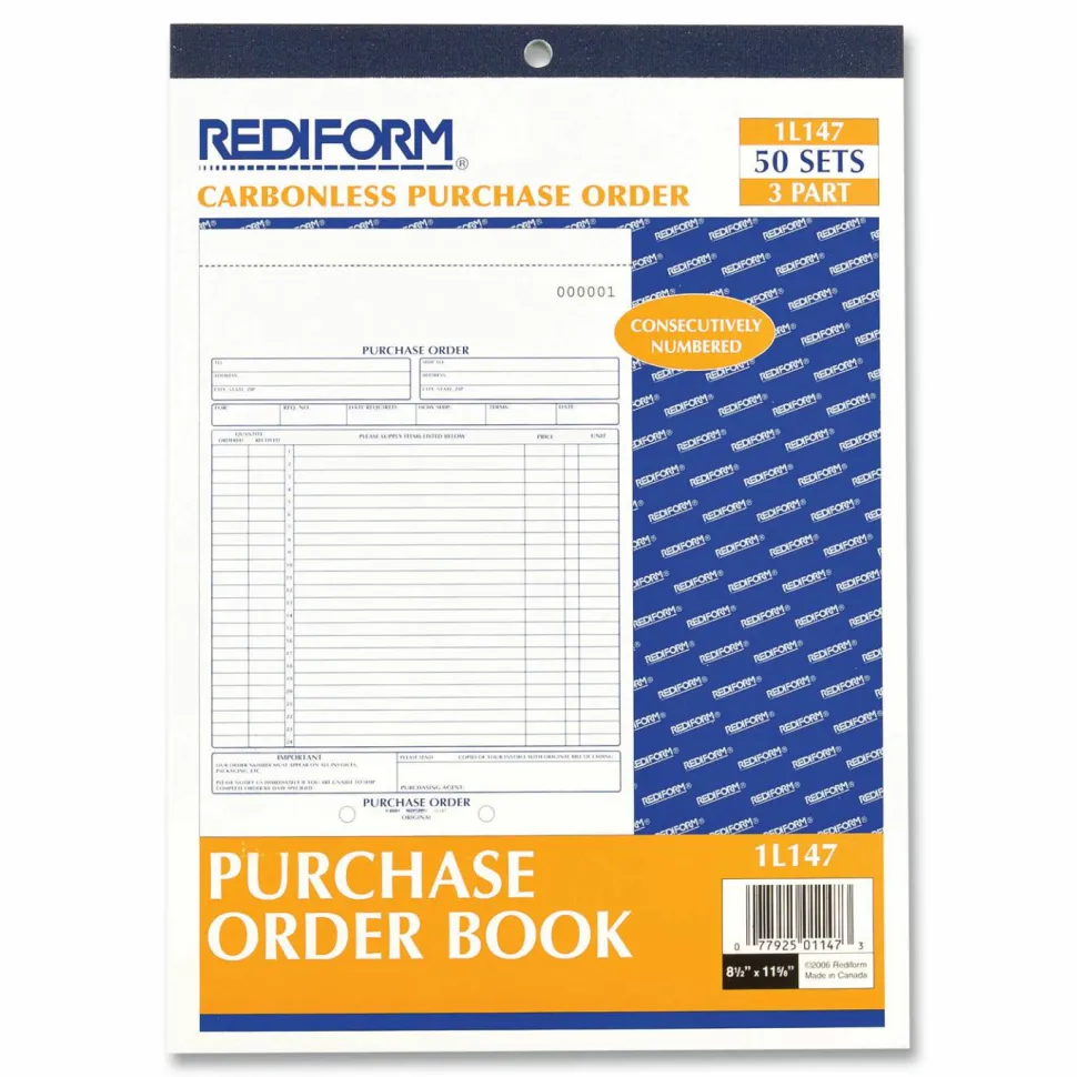 Rediform Purchase Order Book, 17 Lines, Three-Part Carbonless, 8.5 x 11, 50 Forms Total