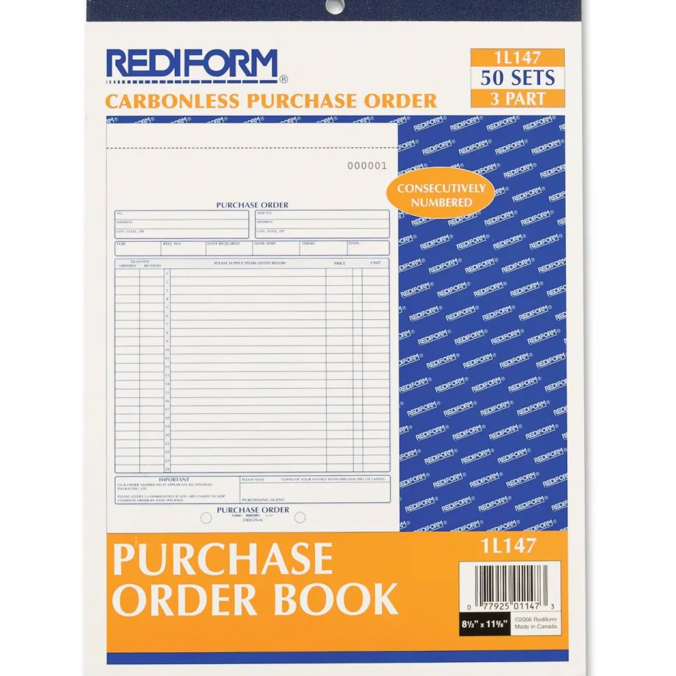 Rediform Purchase Order Book, 17 Lines, Three-Part Carbonless, 8.5 x 11, 50 Forms Total