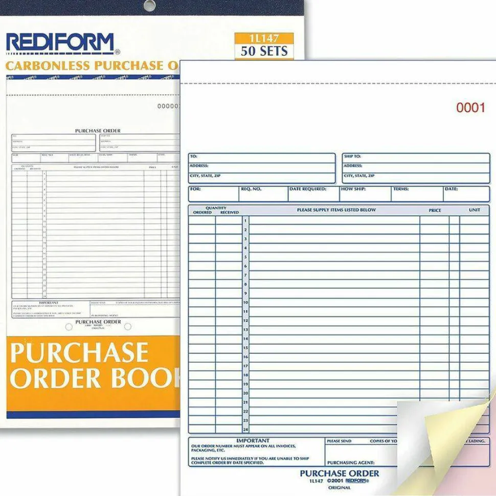 Rediform Purchase Order Book, 17 Lines, Three-Part Carbonless, 8.5 x 11, 50 Forms Total