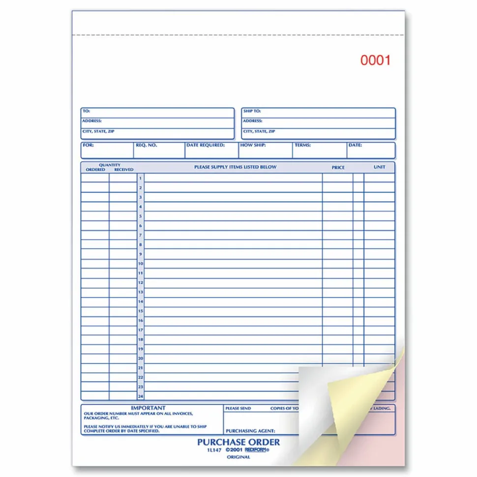 Rediform Purchase Order Book, 17 Lines, Three-Part Carbonless, 8.5 x 11, 50 Forms Total