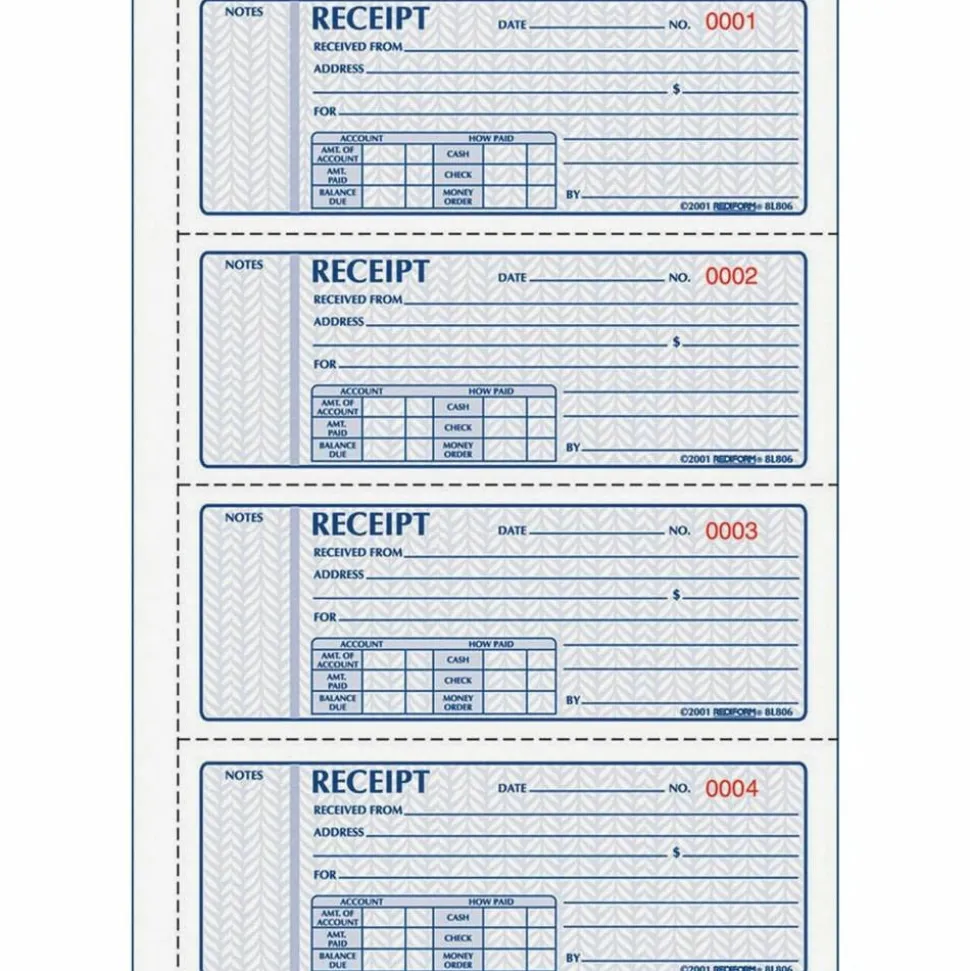 Rediform Receipt Money Collection Forms - 200 Sheet(s) - Book Bound - 2 Part - Carbonless Copy - 7" x 2.75" Sheet Size - Assorted Sheet(s) - 1 Each