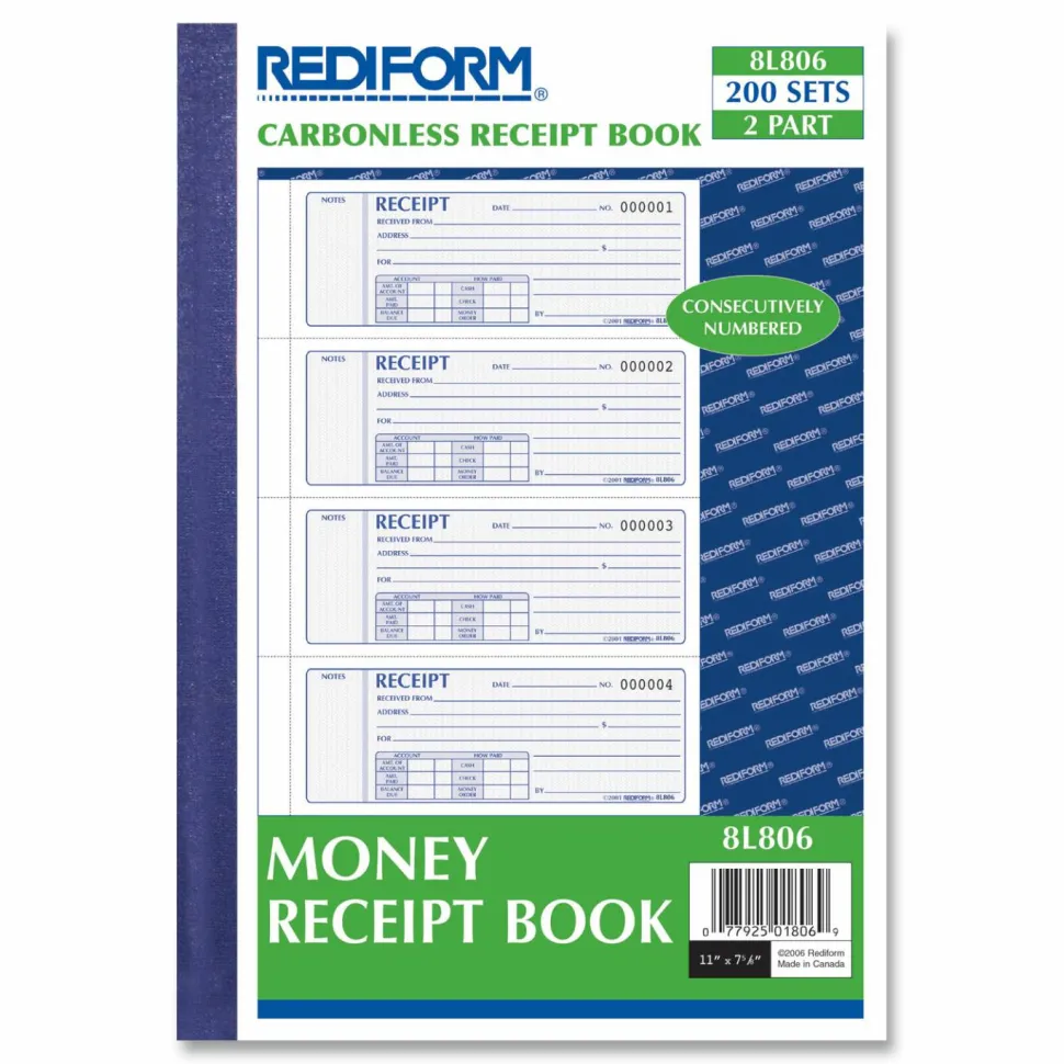 Rediform Receipt Money Collection Forms - 200 Sheet(s) - Book Bound - 2 Part - Carbonless Copy - 7" x 2.75" Sheet Size - Assorted Sheet(s) - 1 Each