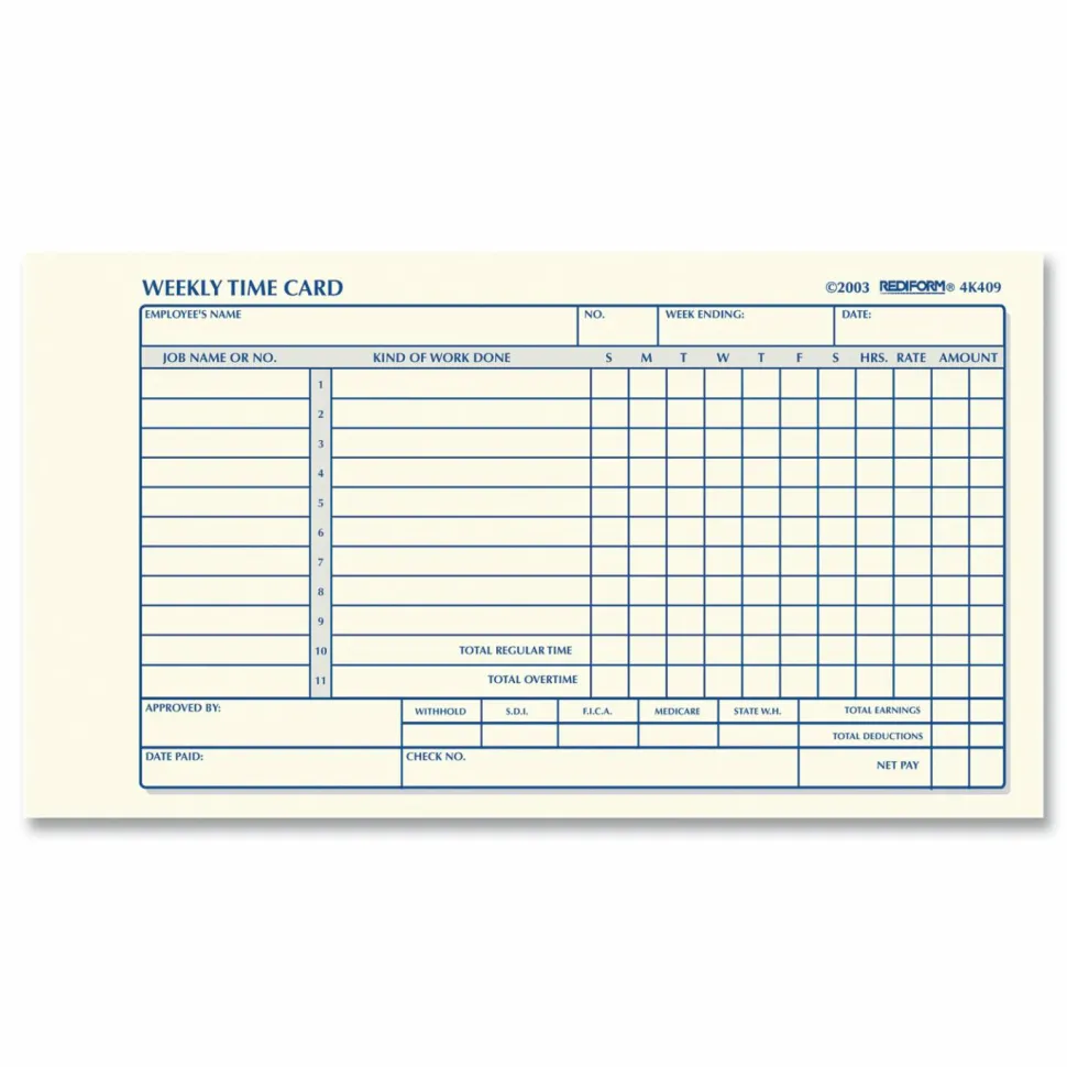 Rediform Weekly Time Clock Card Pad, 4.25" x 7", Manila, Pad Of 100